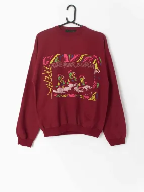 Vintage 80s graphic sweatshirt in rust red with neon multicoloured surfing design – Small