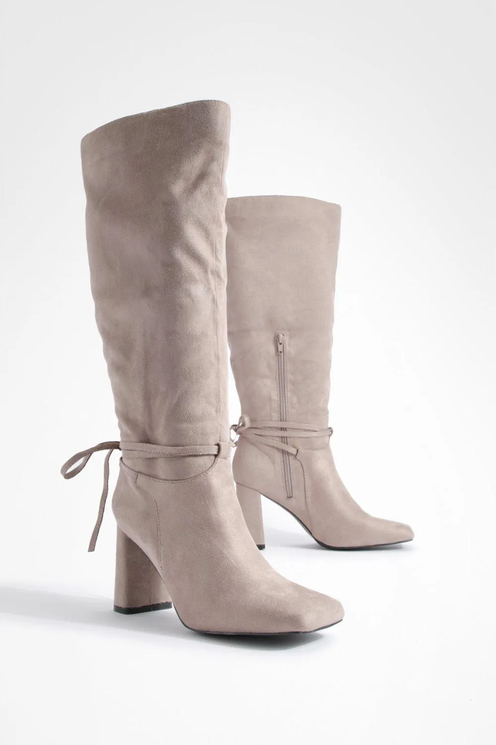 Wide Width Block Heel Bow Detail Knee High Boots