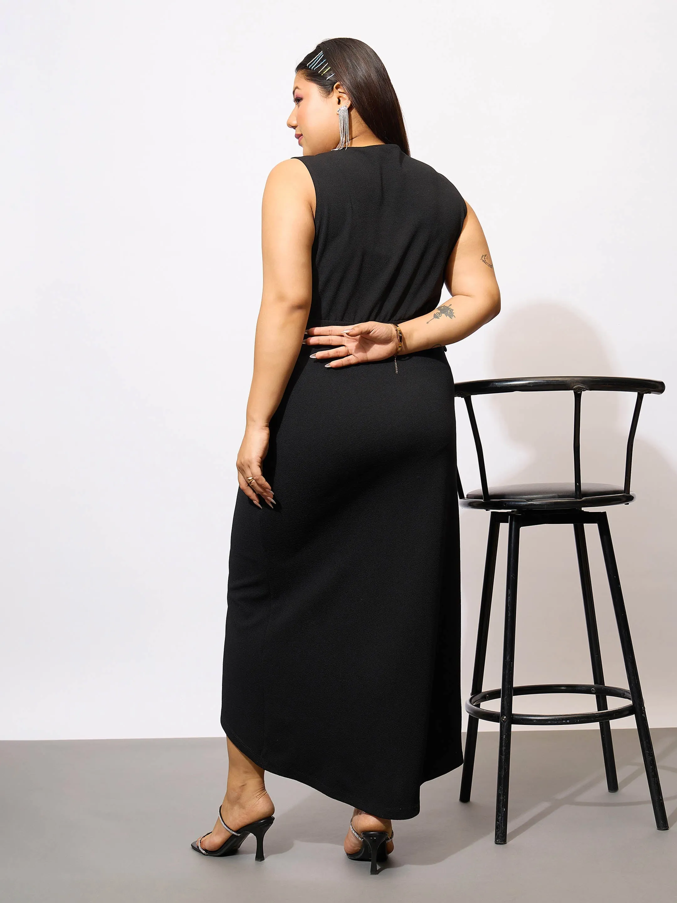 Women Black Front Wrap Bodycon Dress