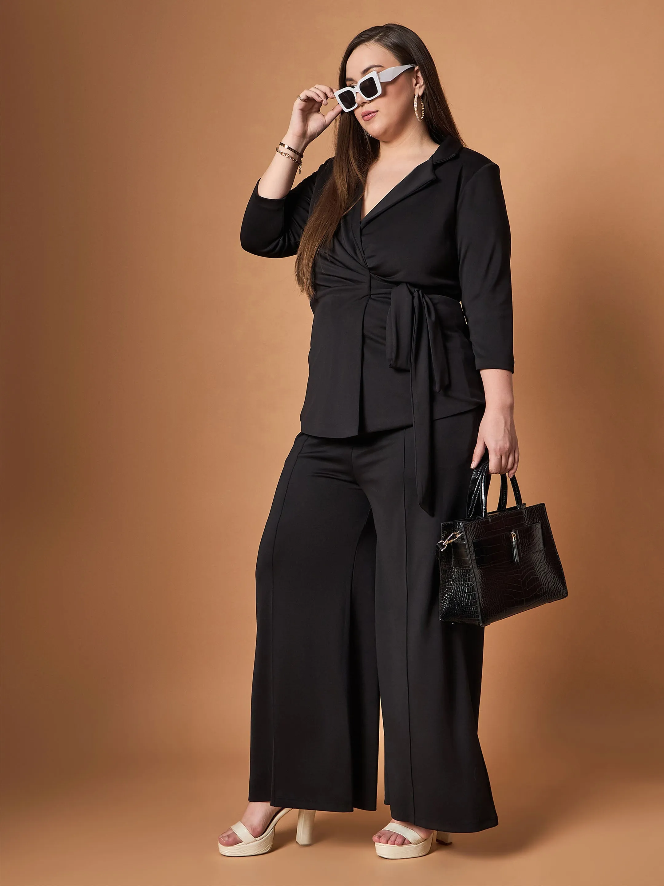 Women Black Knotted Wrap Top With Straight Pants