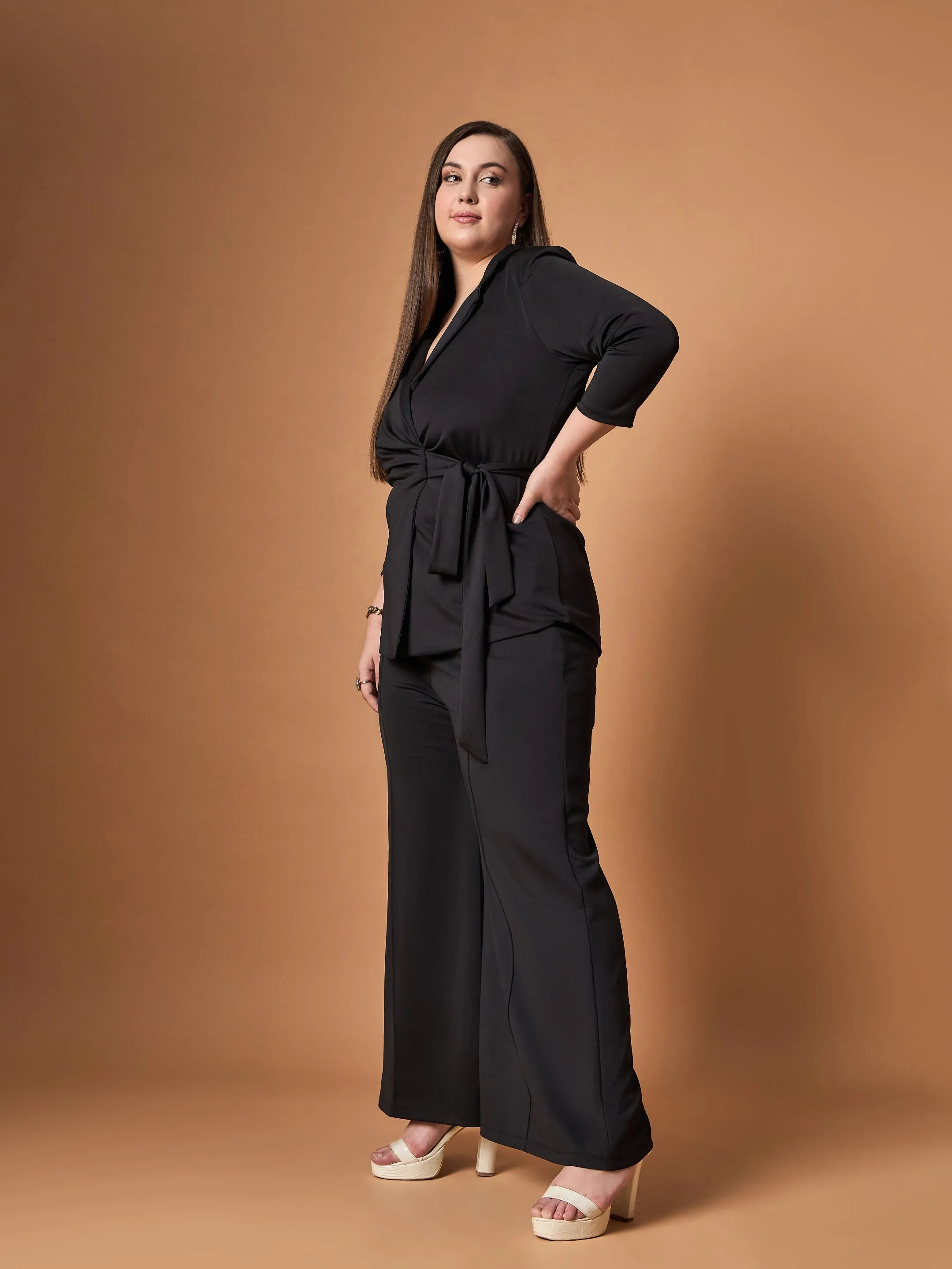 Women Black Knotted Wrap Top With Straight Pants