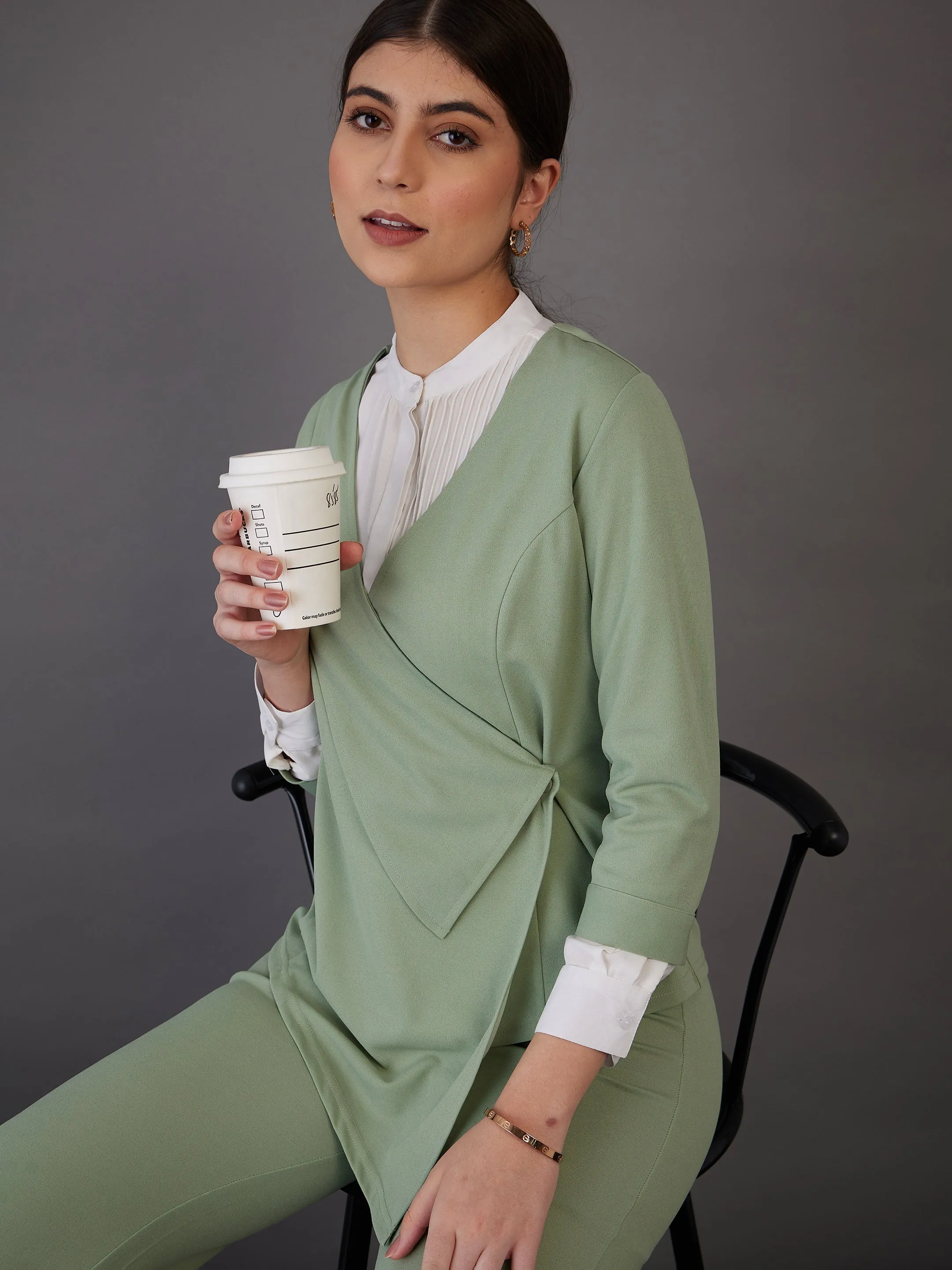 Women Green Wrap Neck Asymmetric Top