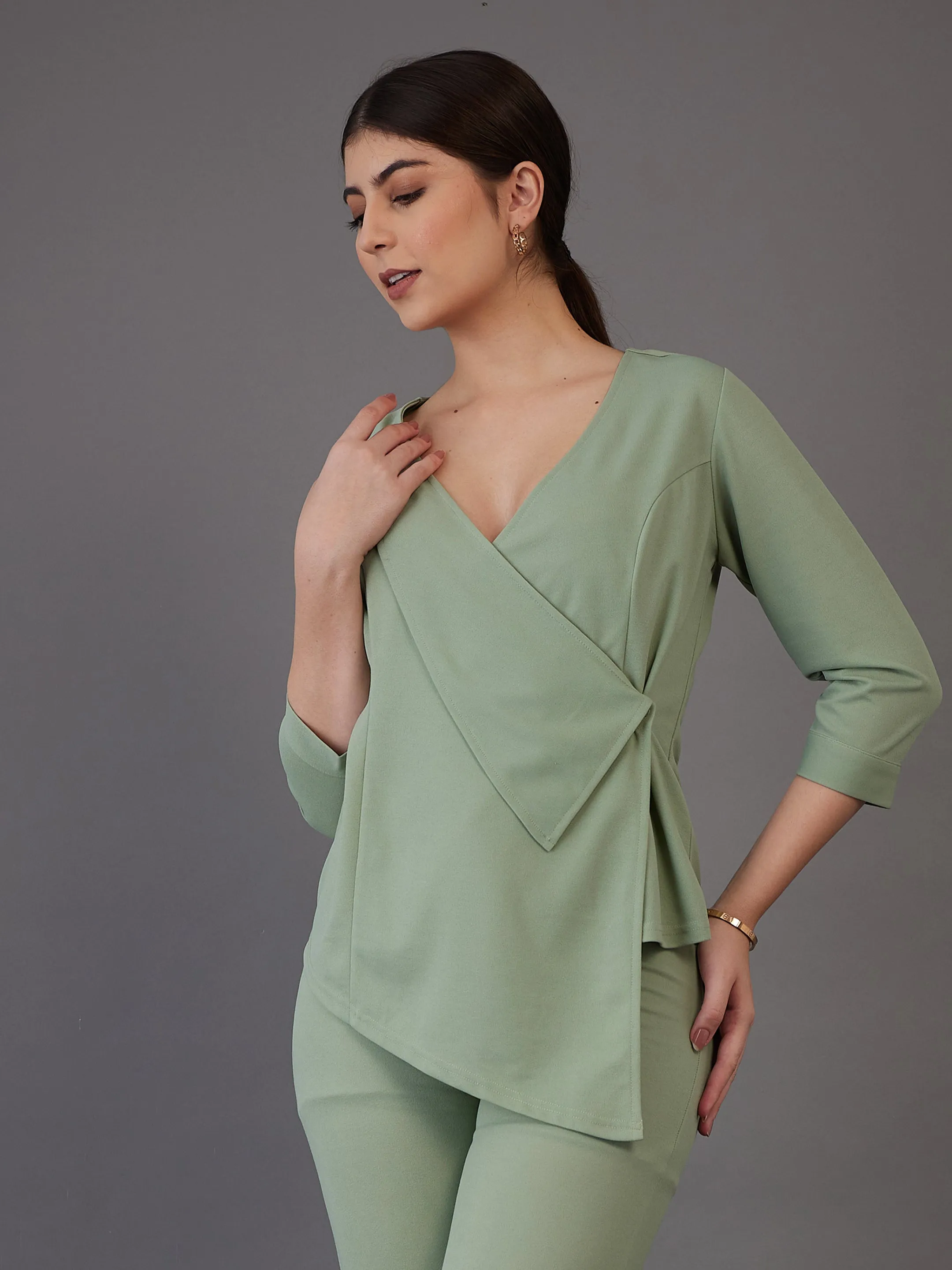 Women Green Wrap Neck Asymmetric Top