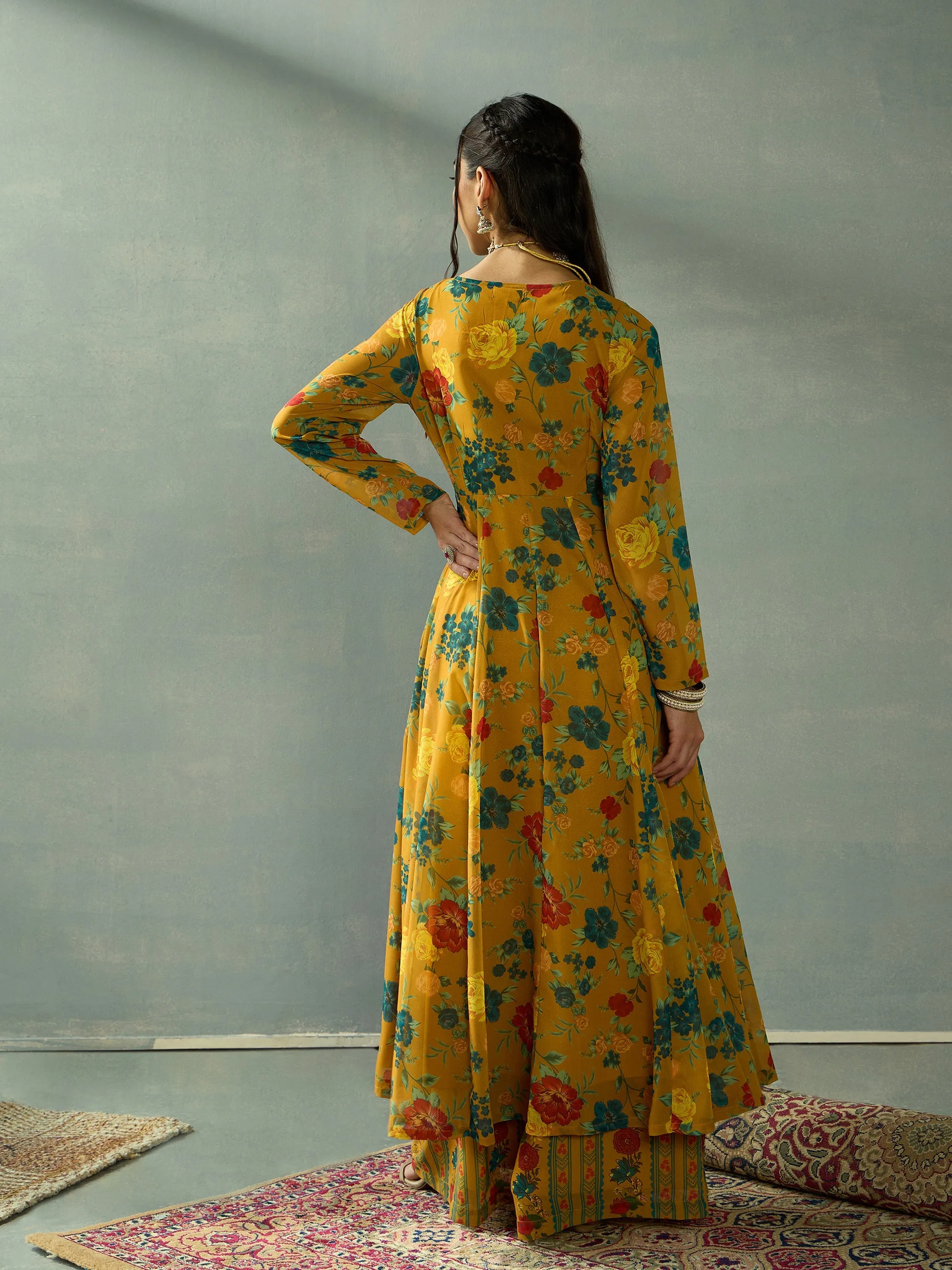 Women Mustard Floral Wrap Anarkali Kurta With Straight Pants