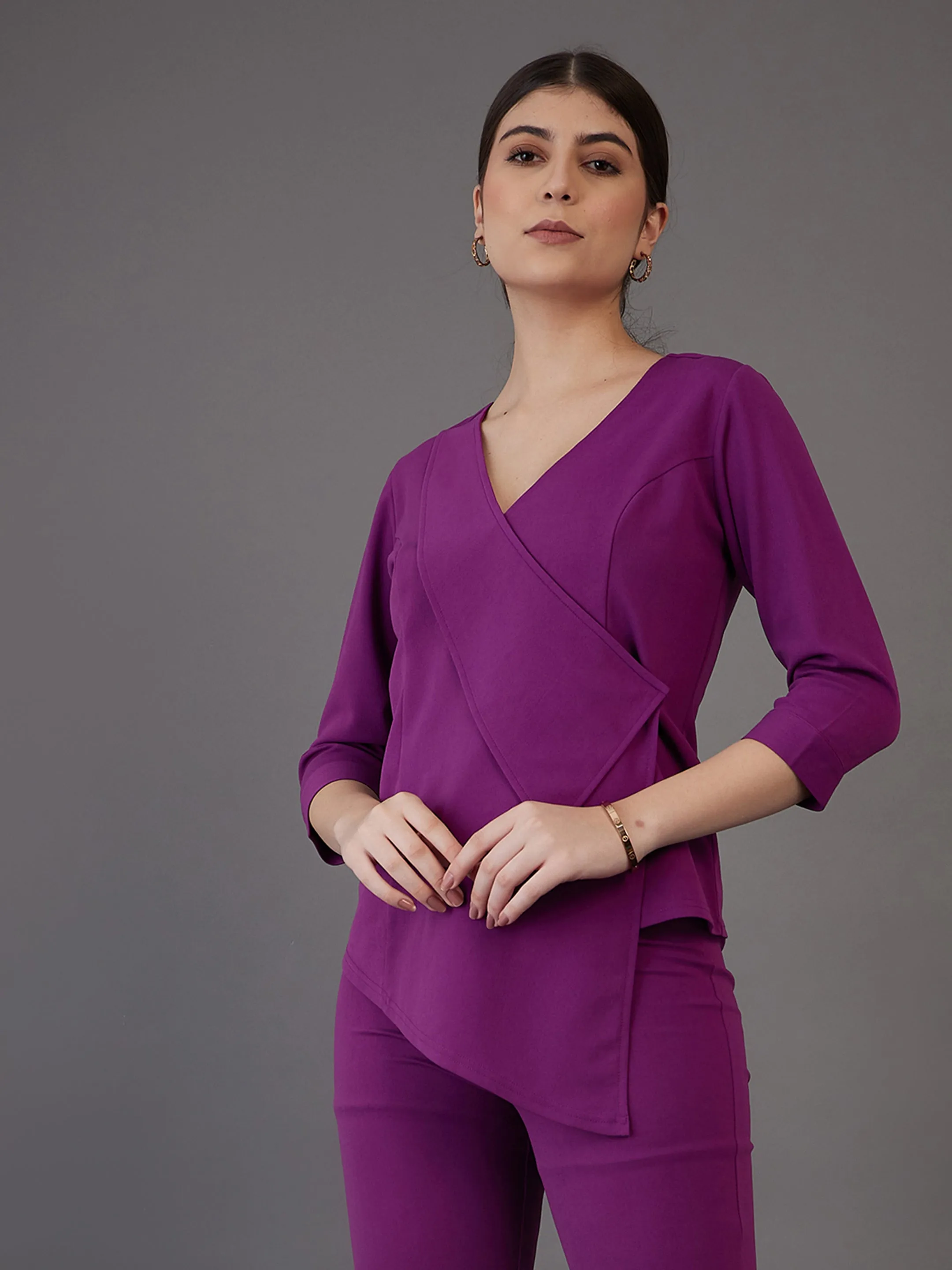 Women Purple Wrap Neck Asymmetric Top