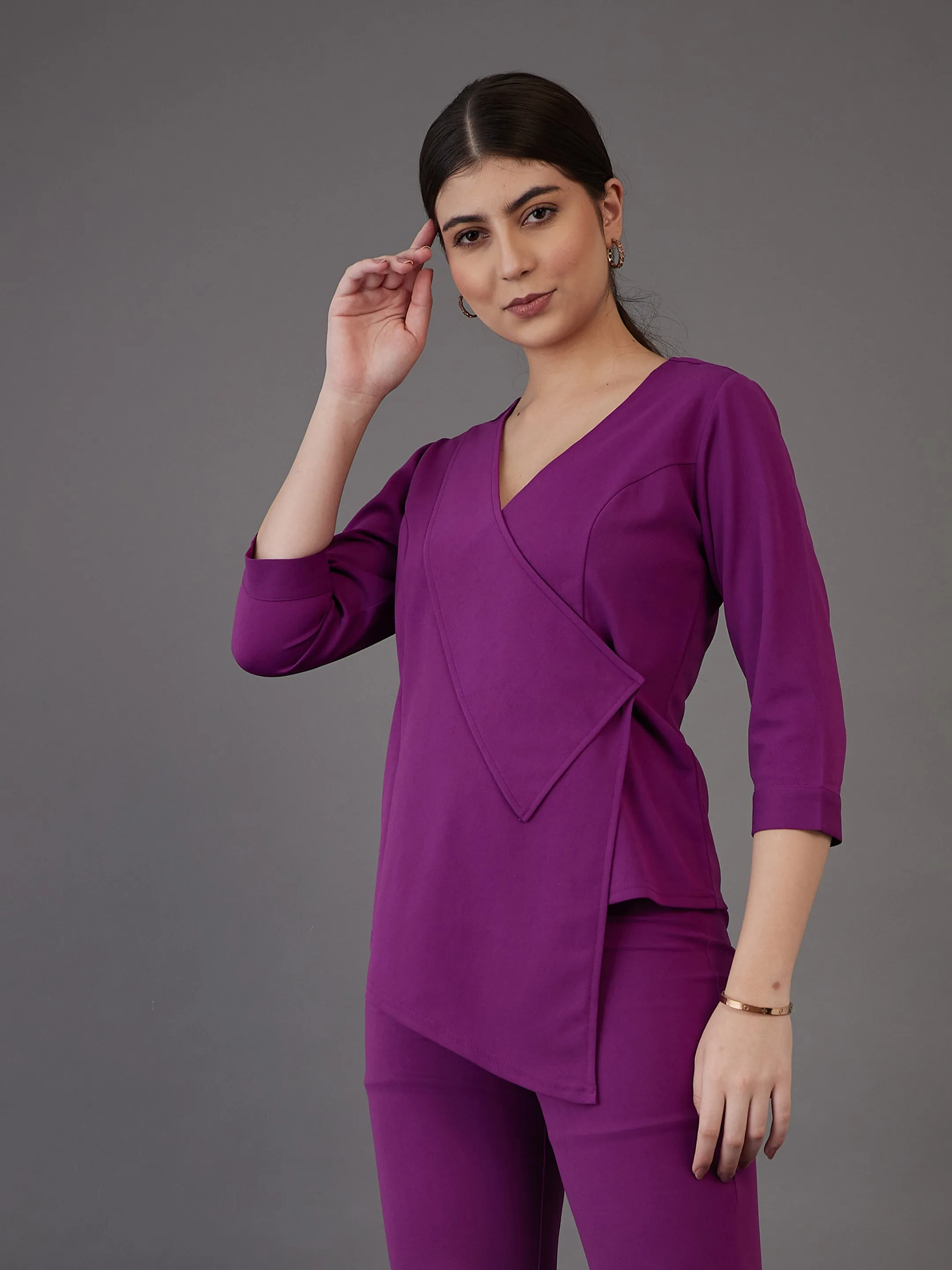 Women Purple Wrap Neck Asymmetric Top