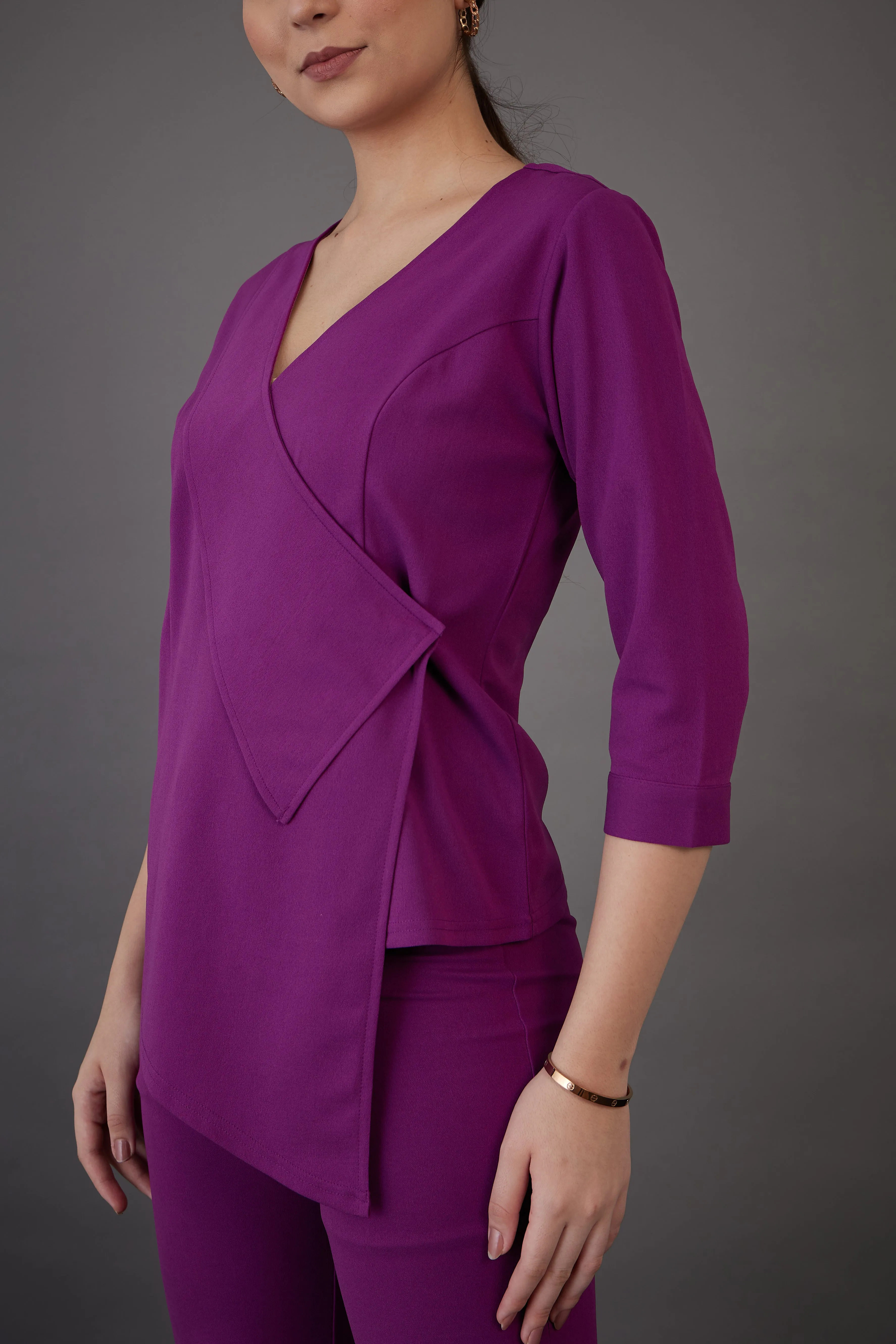 Women Purple Wrap Neck Asymmetric Top