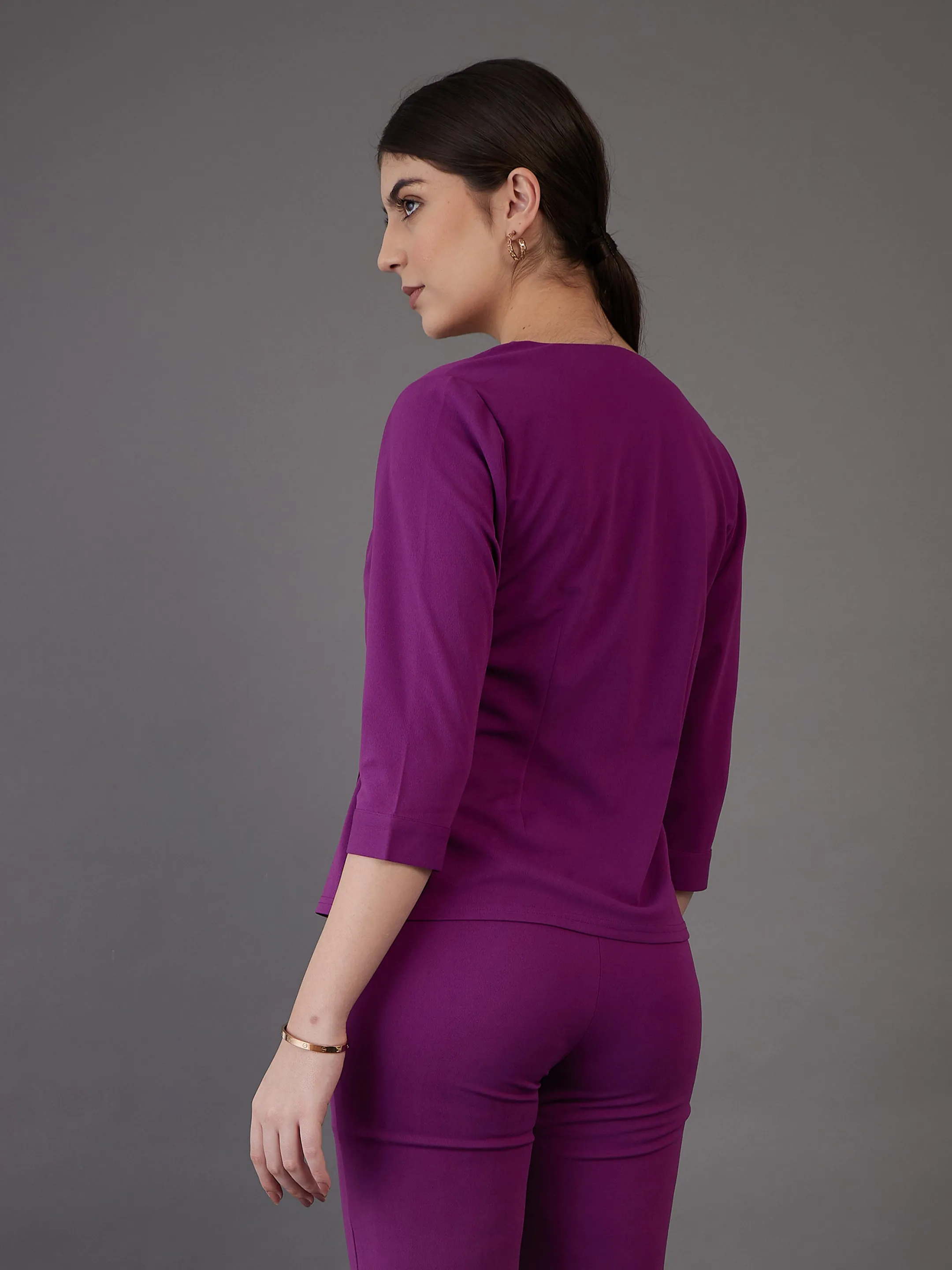 Women Purple Wrap Neck Asymmetric Top