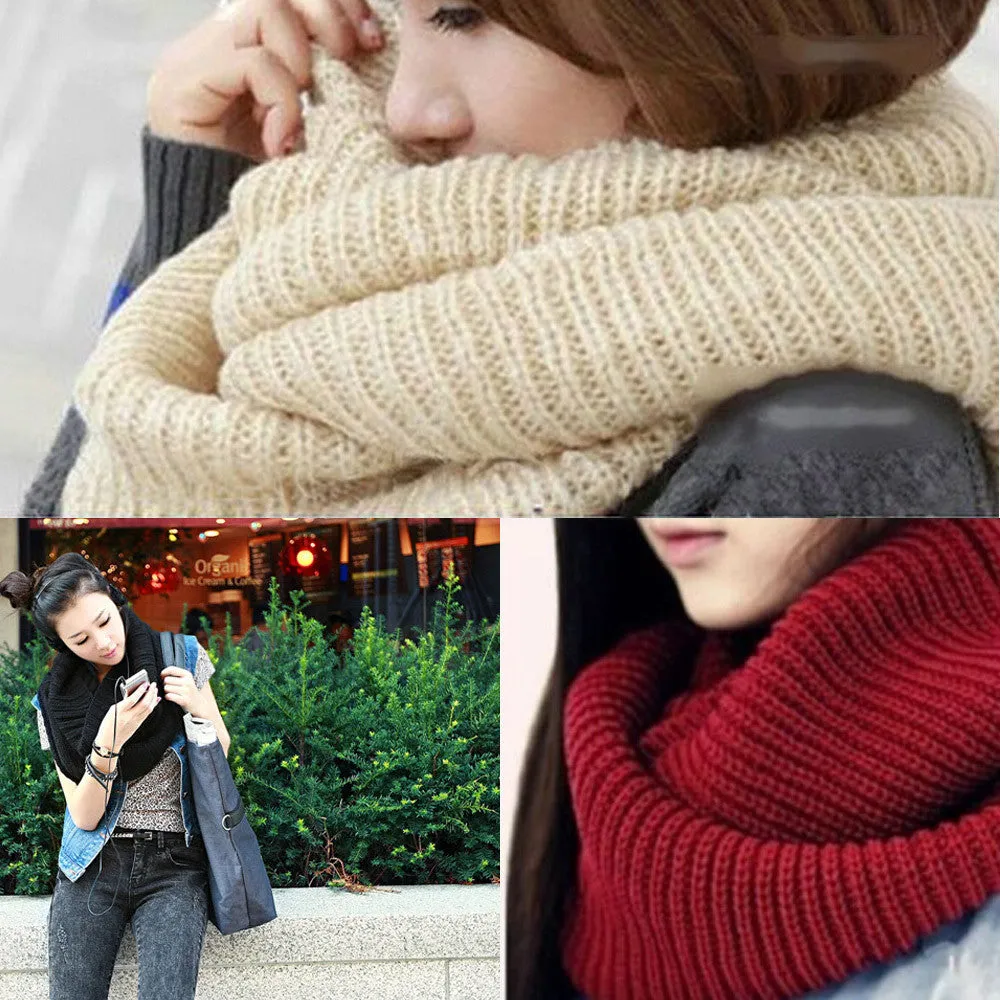 Women's Warm Infinity 2 Circle Cable Knit Cowl Neck Long Scarf Shawl