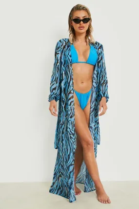 Zebra Chiffon Belted Maxi Beach Kimono